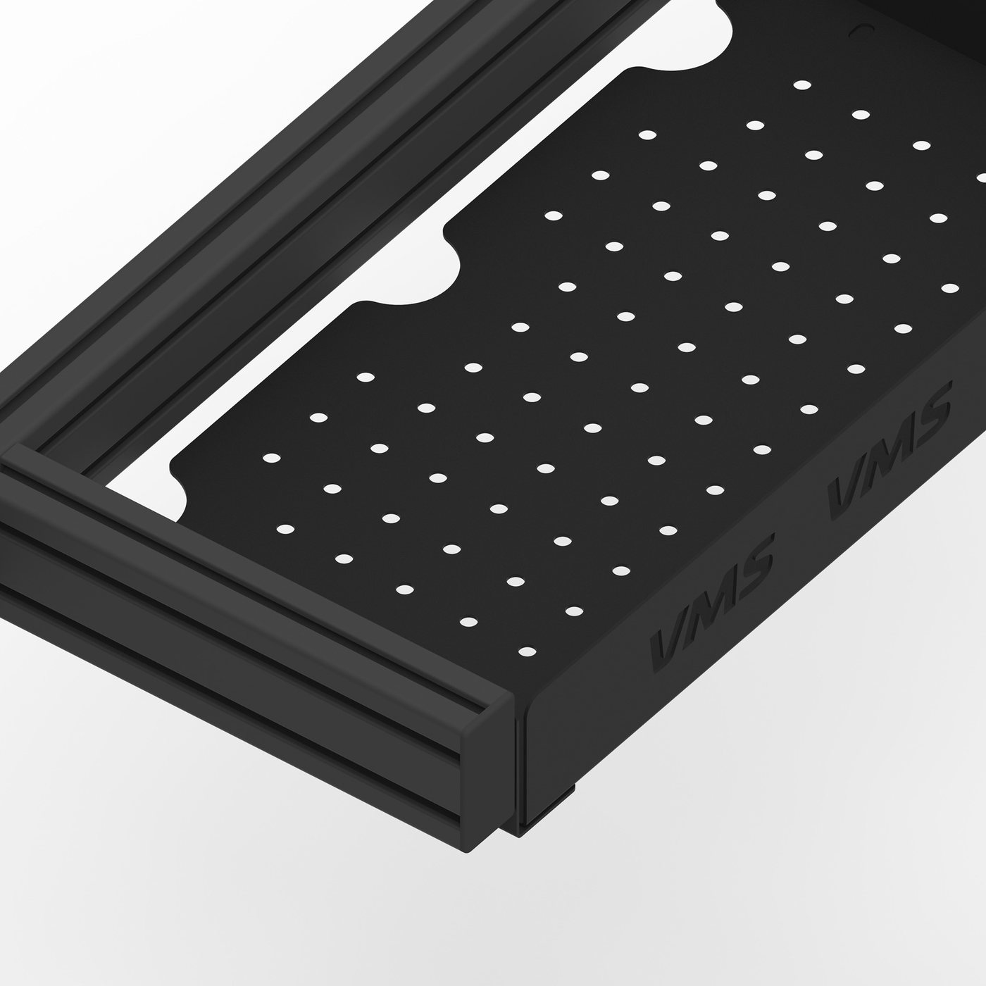 Cable Management Box — accessoire en acier découpé au laser pour cockpit sim racing VMS, fabriqué en Tunisie par VMS — vue 2