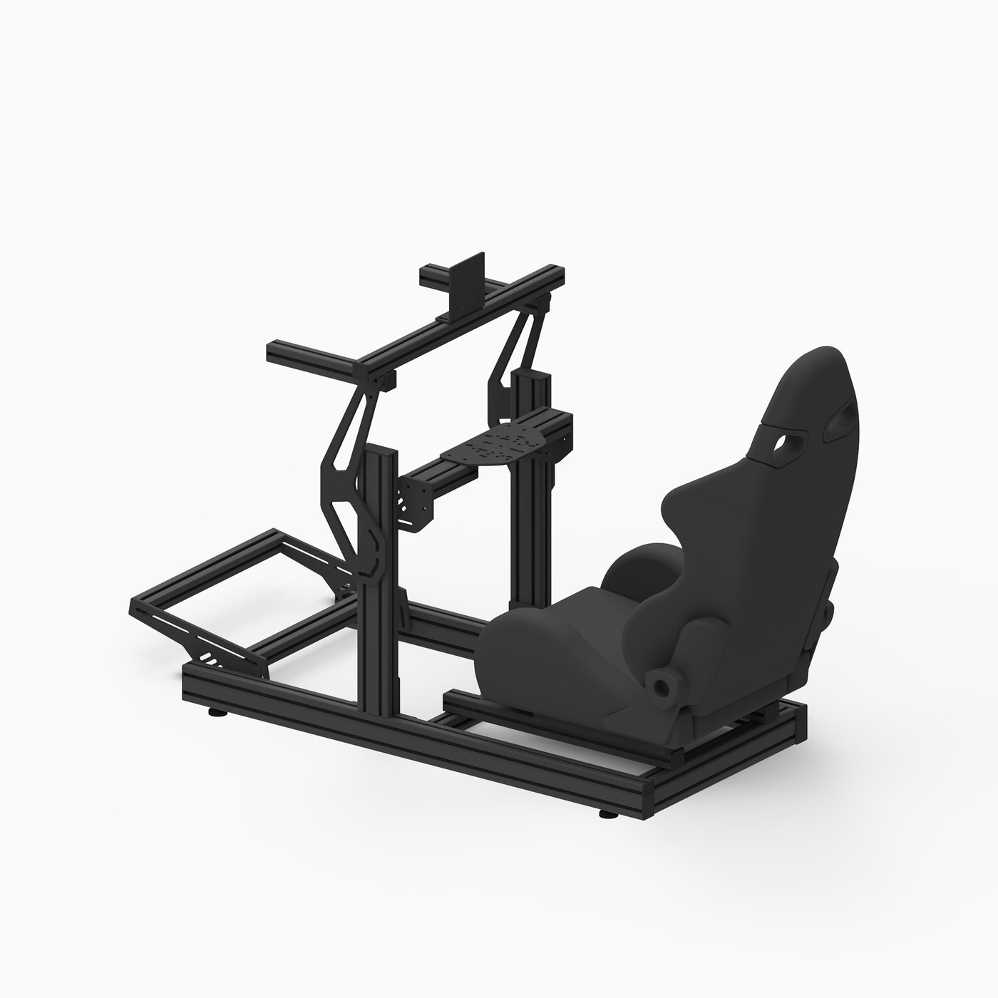 Configuration VMS Prime One Full Setup — cockpit, support écran intégré et siège baquet automobile